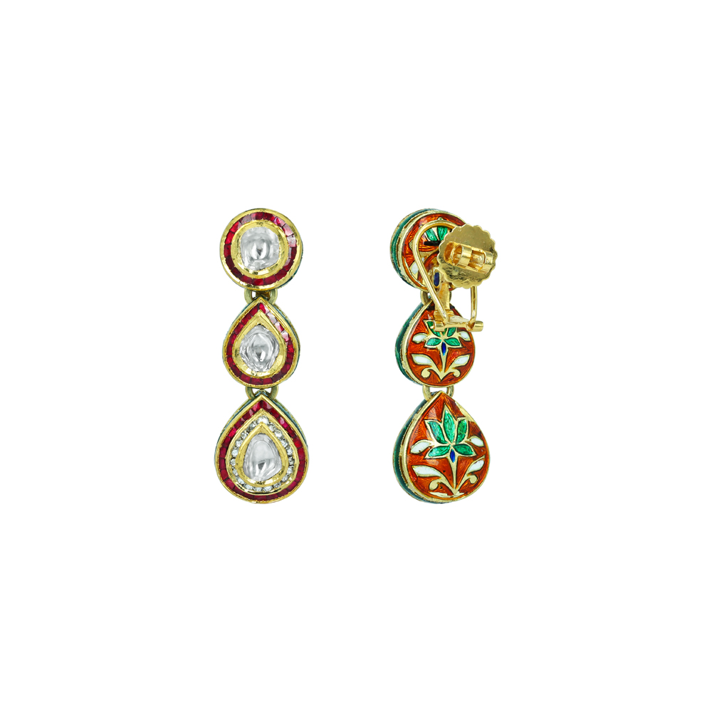 Polki Earrings with Red Stones, Green Enamel, and Teardrops